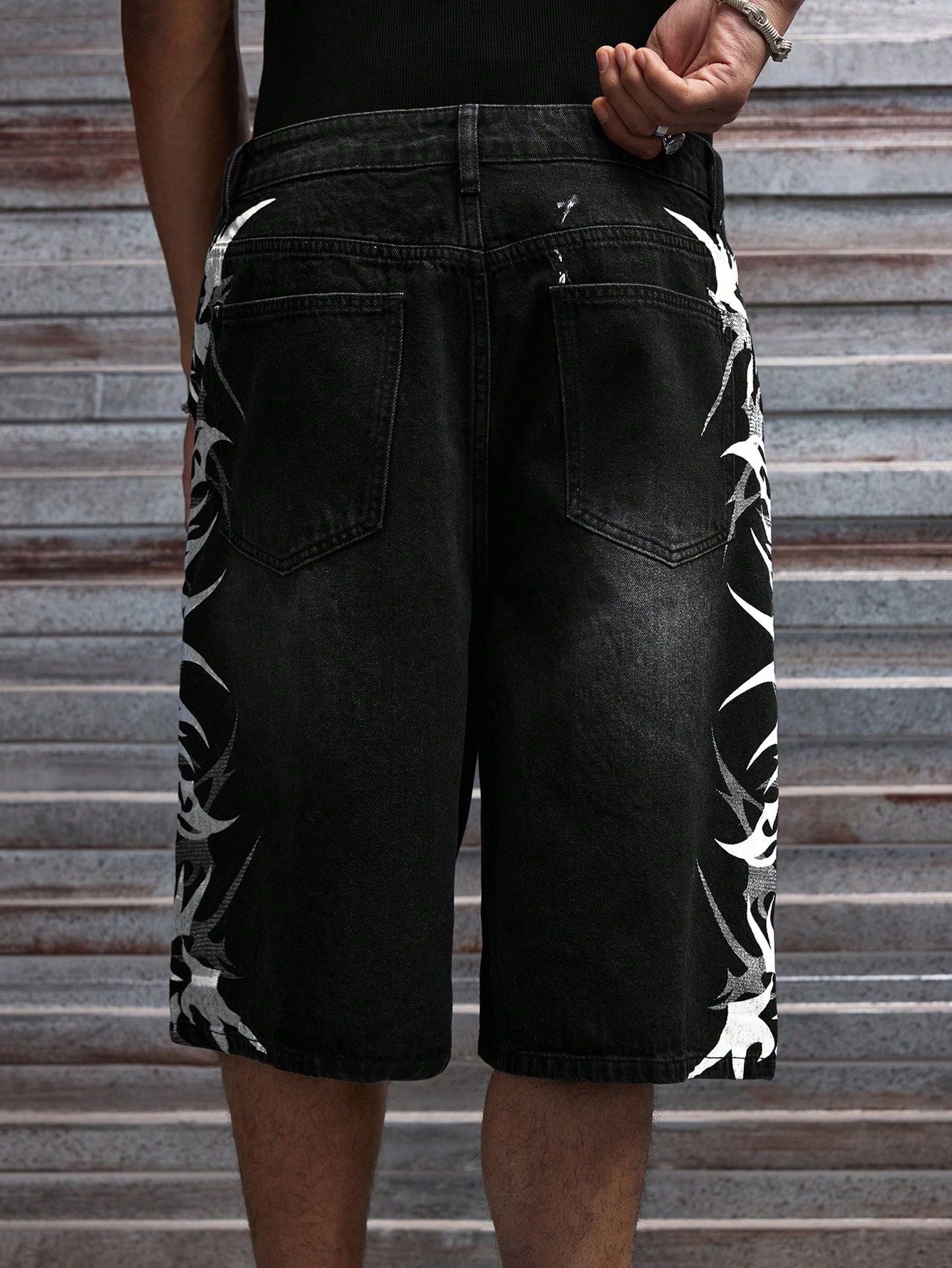 Men's Black Washed Baggy Denim Shorts - Tribal Print Streetwear Jorts