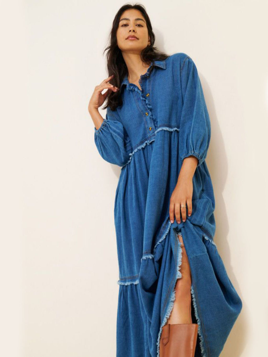 Plus Size Women Frayed Tiered Denim Midi Dress Collar Half Button 3/4 Puff Sleeve Loose Casual Babydoll Jean Dress For Curvy Figures