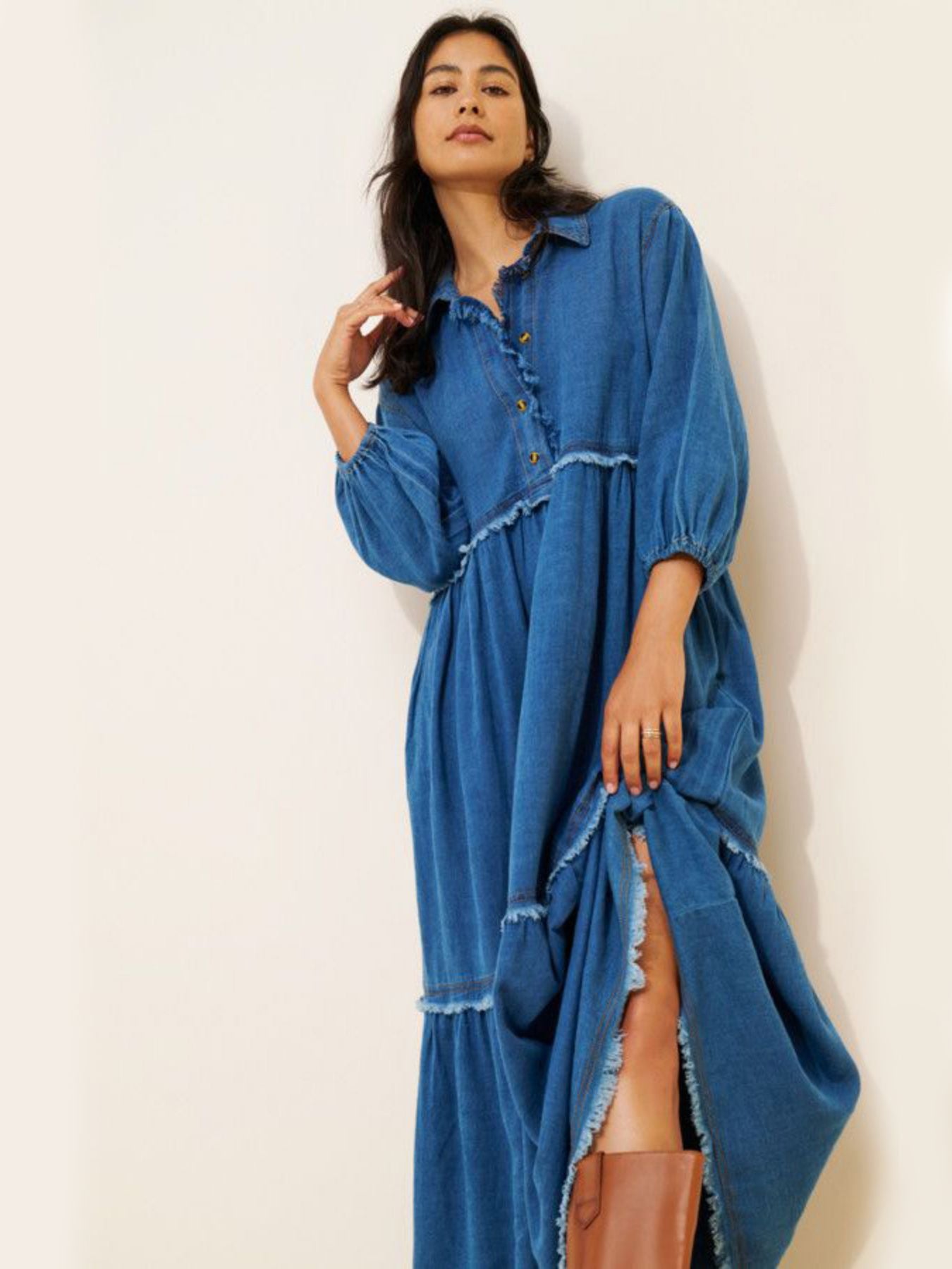 Plus Size Women Frayed Tiered Denim Midi Dress Collar Half Button 3/4 Puff Sleeve Loose Casual Babydoll Jean Dress For Curvy Figures