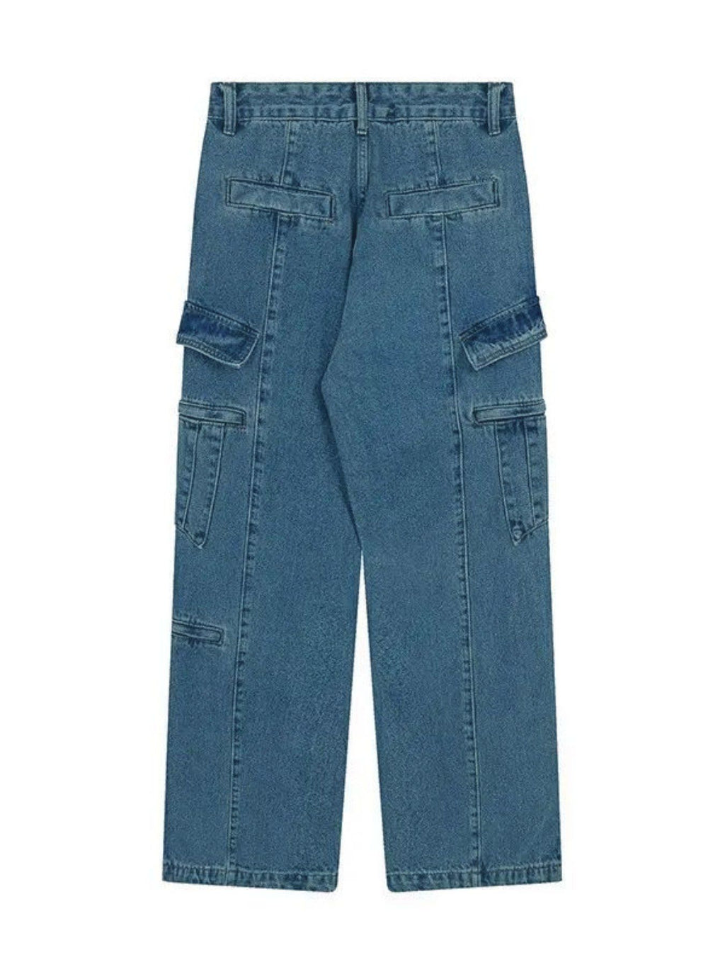 Blue Multi-Pocket Cargo Jeans | Drawstring Wide Leg Denim Pants with Zipper Hem