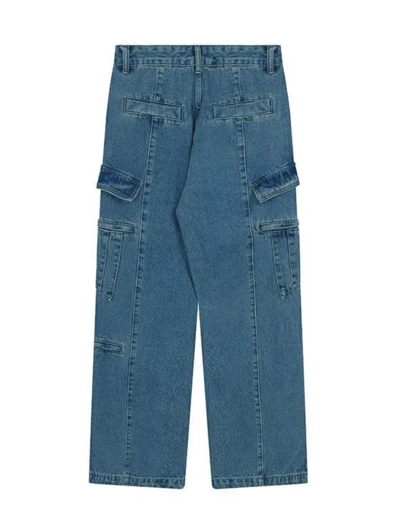 Blue Multi-Pocket Cargo Jeans | Drawstring Wide Leg Denim Pants with Zipper Hem