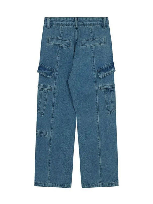 Blue Multi-Pocket Cargo Jeans | Drawstring Wide Leg Denim Pants with Zipper Hem