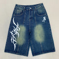Men's Vintage Washed Baggy Denim Shorts - Y2K Tribal Print Wide Leg Jorts