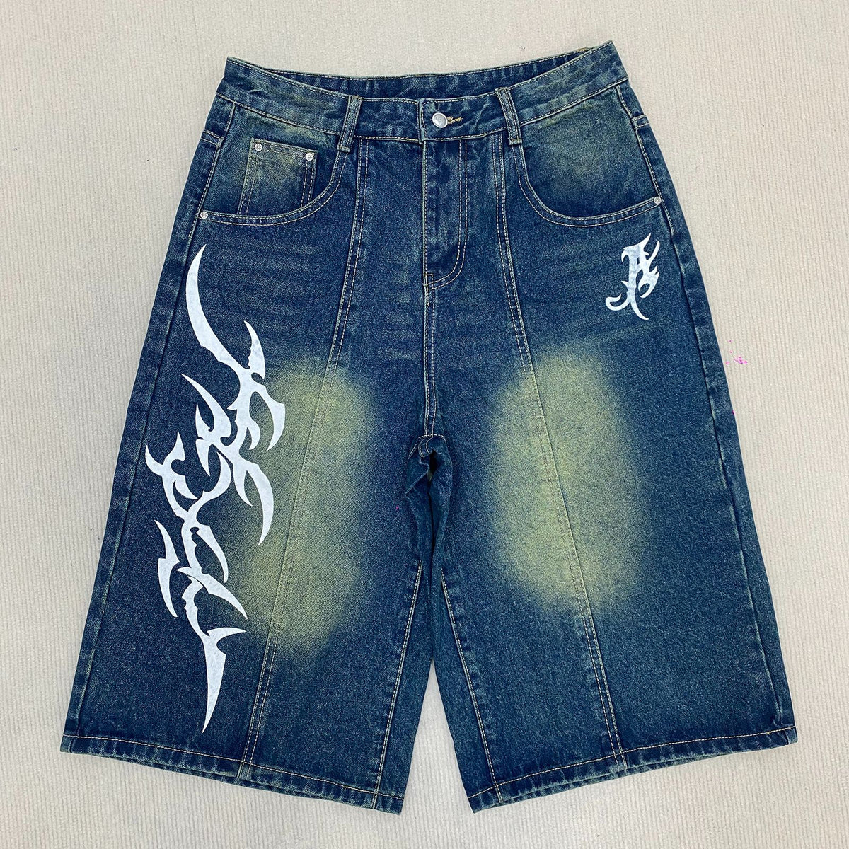 Men's Vintage Washed Baggy Denim Shorts - Y2K Tribal Print Wide Leg Jorts