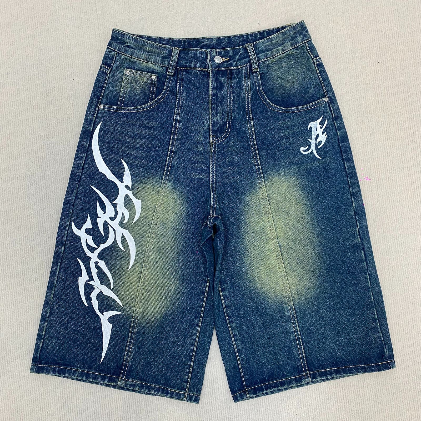 Men's Vintage Washed Baggy Denim Shorts - Y2K Tribal Print Wide Leg Jorts