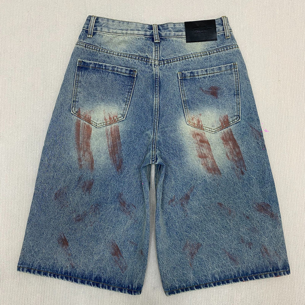 Men's Vintage Washed Baggy Denim Shorts - Wide Leg Jorts with Paint Brush Strokes & Distressed Patches
