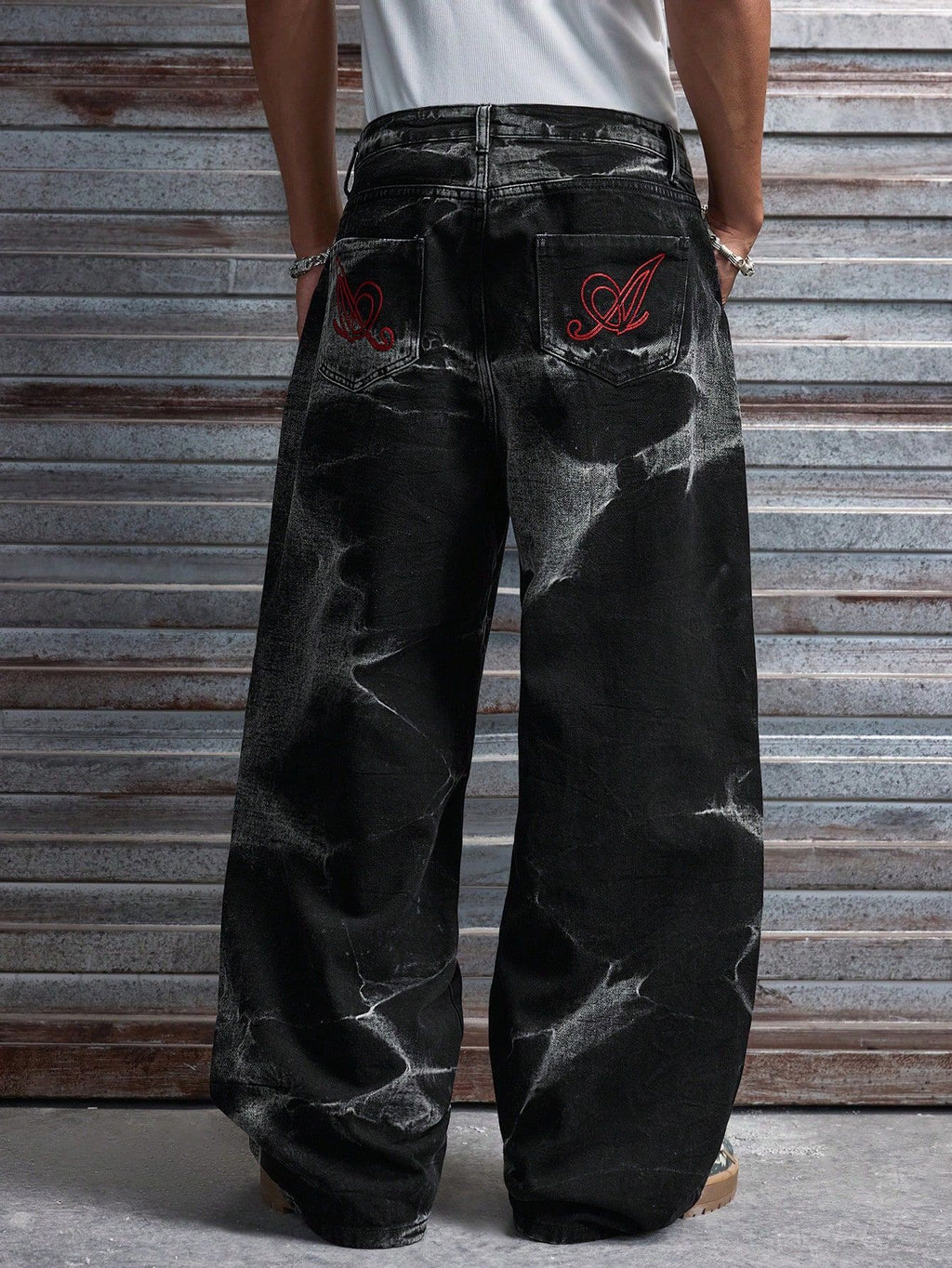 Men's Black Washed Baggy Jeans - Wide Leg Denim Pants with Tie-Dye Effect & Red Embroidery