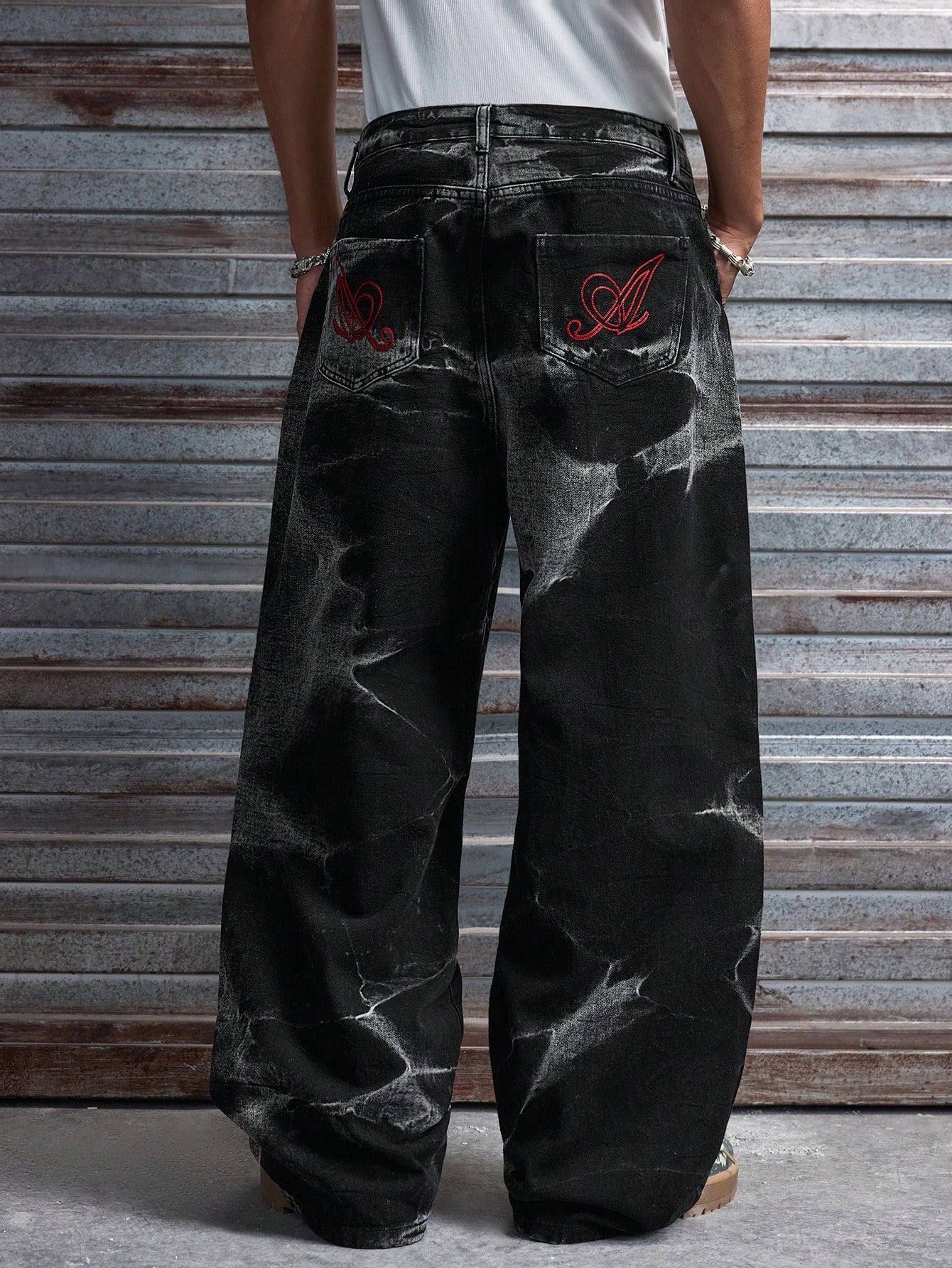 Men's Black Washed Baggy Jeans - Wide Leg Denim Pants with Tie-Dye Effect & Red Embroidery