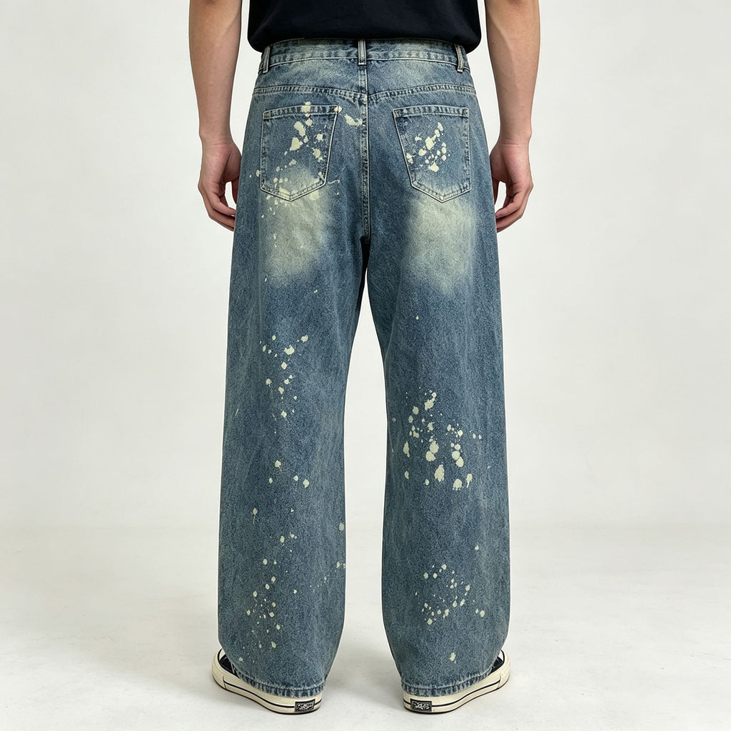 Men's Vintage Washed Baggy Jeans - Wide Leg Denim Pants with Paint Splatter & Distressed Details