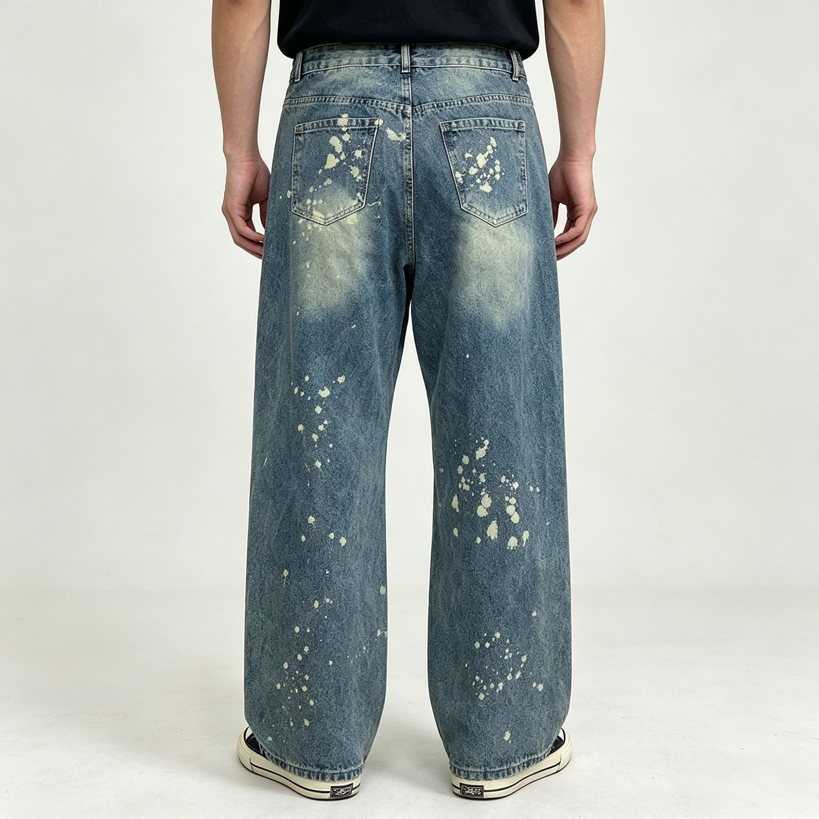 Men's Vintage Washed Baggy Jeans - Wide Leg Denim Pants with Paint Splatter & Distressed Details