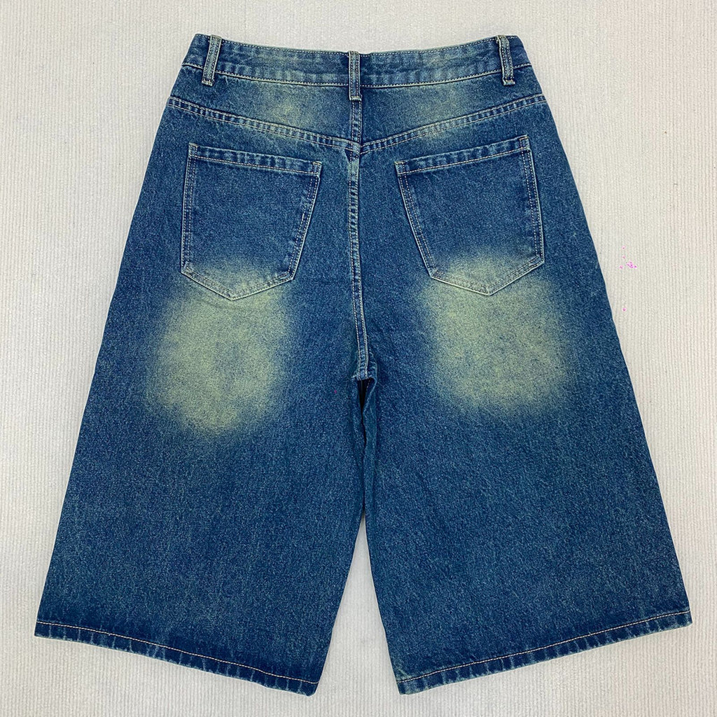 Men's Vintage Washed Baggy Denim Shorts - Y2K Tribal Print Wide Leg Jorts