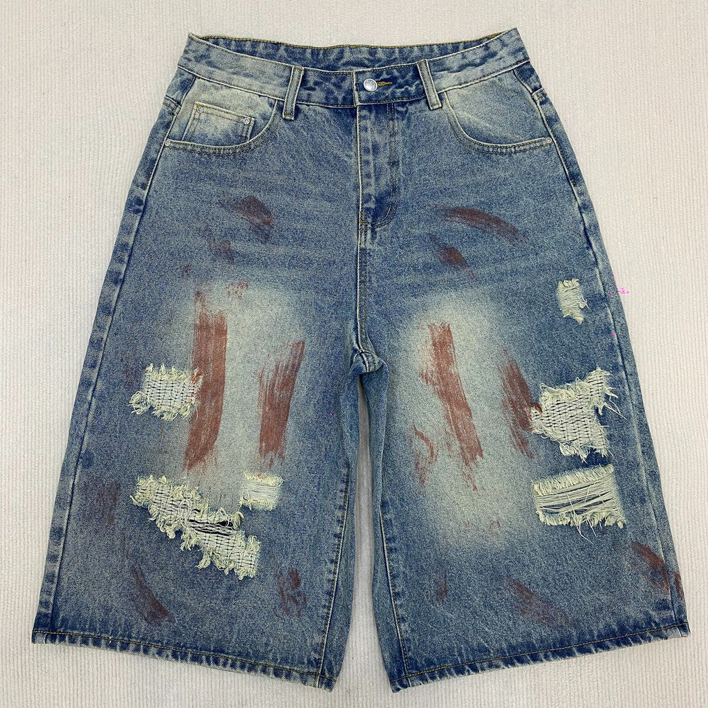 Men's Vintage Washed Baggy Denim Shorts - Wide Leg Jorts with Paint Brush Strokes & Distressed Patches