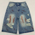Men's Vintage Washed Baggy Denim Shorts - Wide Leg Jorts with Paint Brush Strokes & Distressed Patches