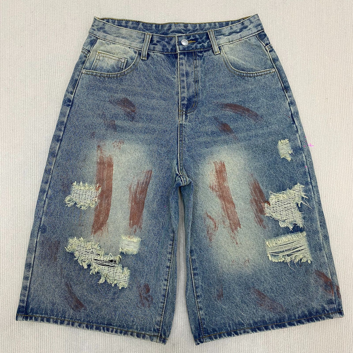 Men's Vintage Washed Baggy Denim Shorts - Wide Leg Jorts with Paint Brush Strokes & Distressed Patches