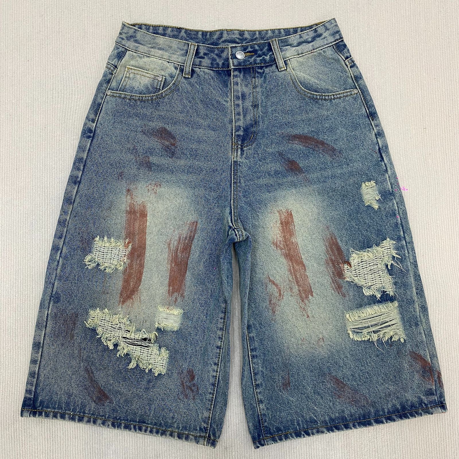 Men's Vintage Washed Baggy Denim Shorts - Wide Leg Jorts with Paint Brush Strokes & Distressed Patches