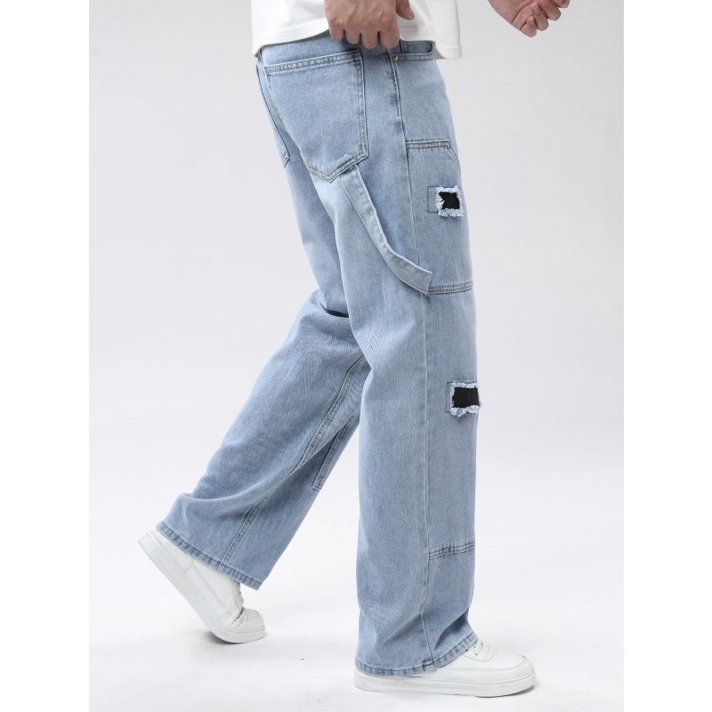 Men's Light Wash Cargo Jeans - Loose Straight Leg Denim Pants with Patchwork & Distressed Details