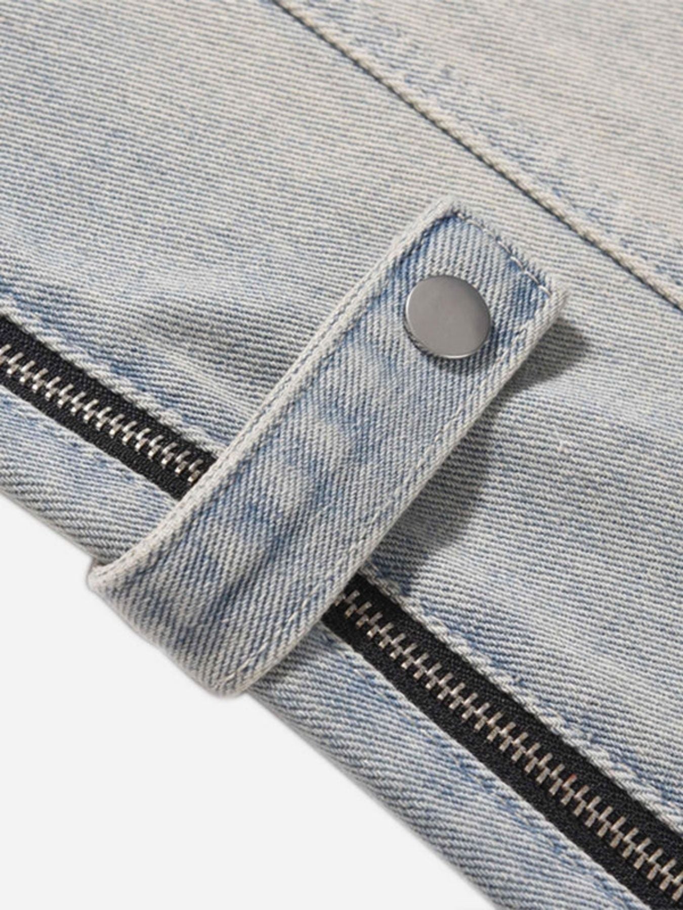 Light Blue Washed Zipper Straight Jeans | Adjustable Strap Relaxed Fit Denim Pants
