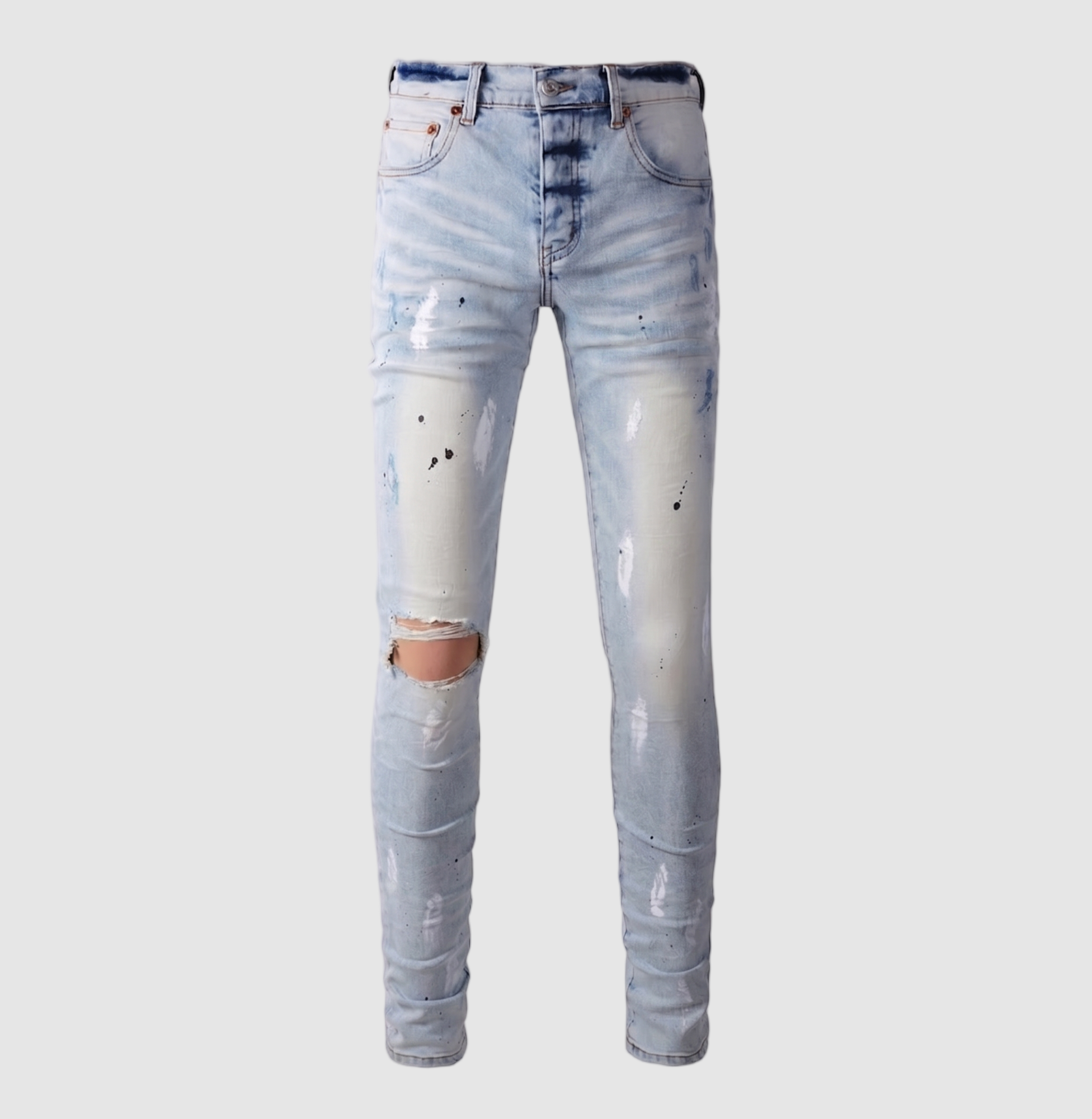 Men's Slim Fit Jeans - Light Wash Distressed Ripped Paint Splatter Denim