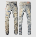 Men's Vintage Slim Fit Jeans - Distressed Paint Splash Washed Denim