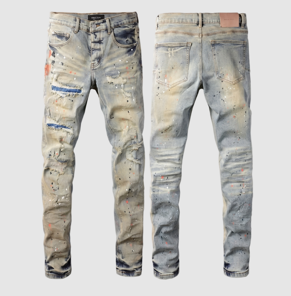 Men's Vintage Slim Fit Jeans - Distressed Paint Splash Washed Denim