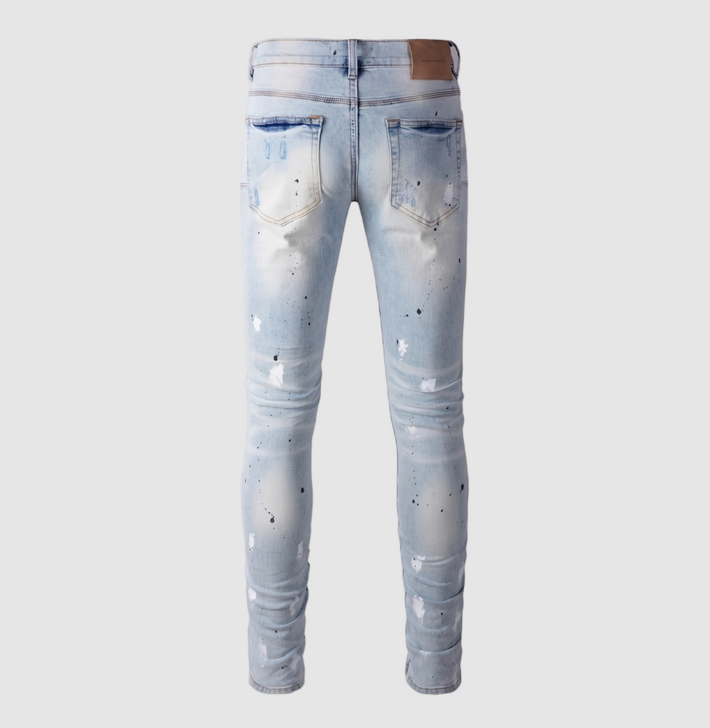 Men's Slim Fit Jeans - Light Wash Distressed Ripped Paint Splatter Denim