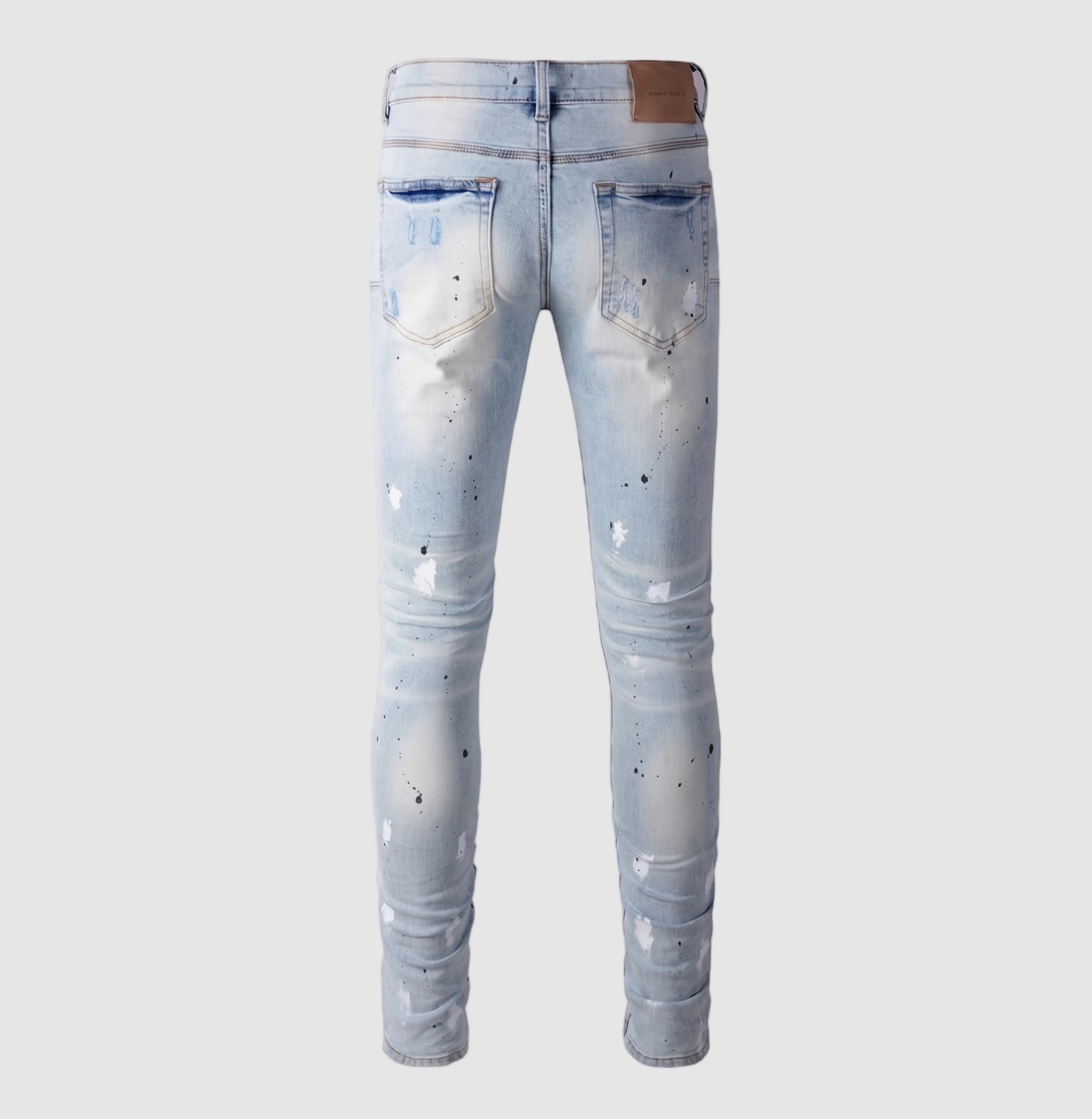Men's Slim Fit Jeans - Light Wash Distressed Ripped Paint Splatter Denim
