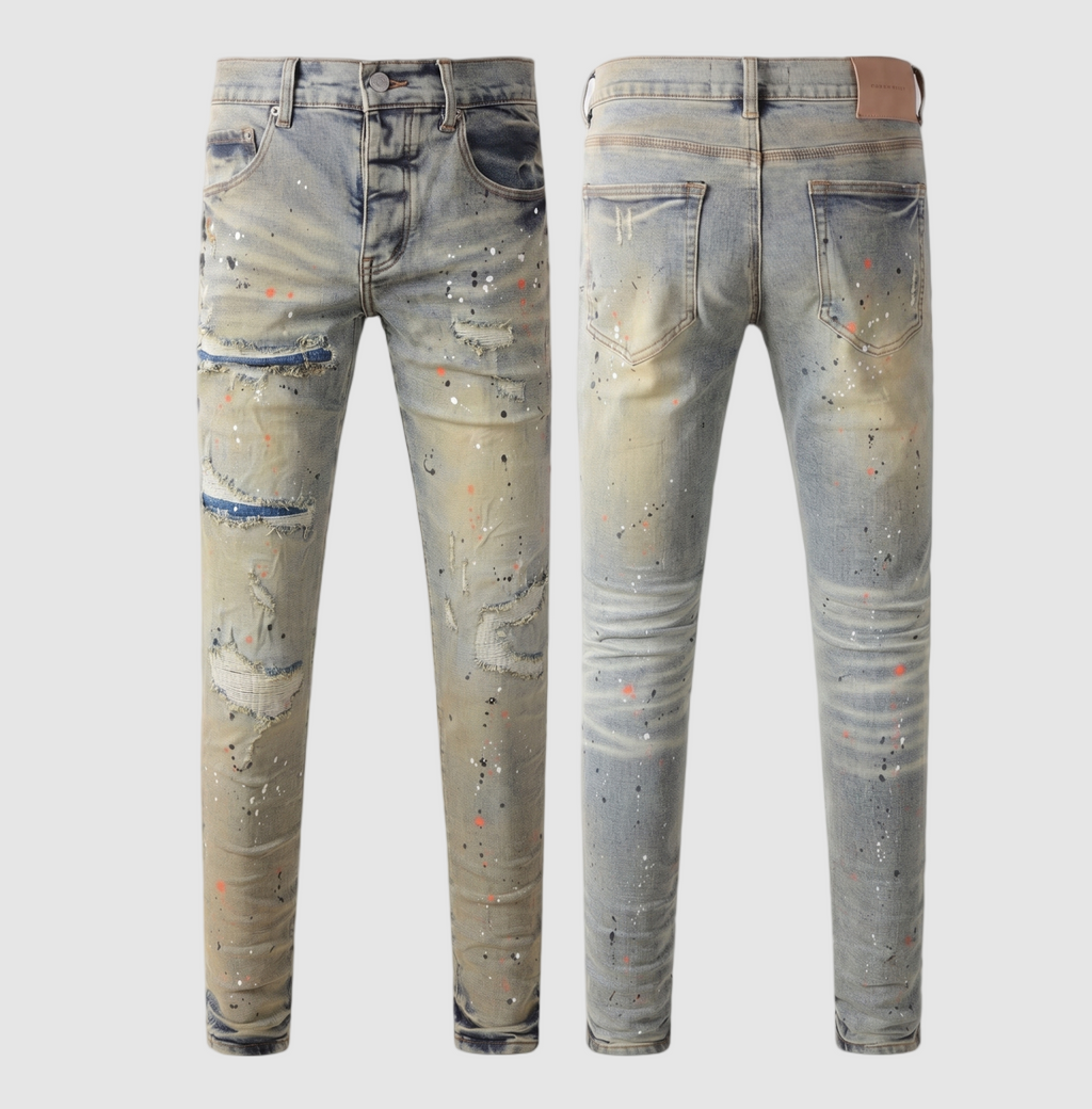 Men's Vintage Slim Fit Jeans - Distressed Paint Splash Washed Denim