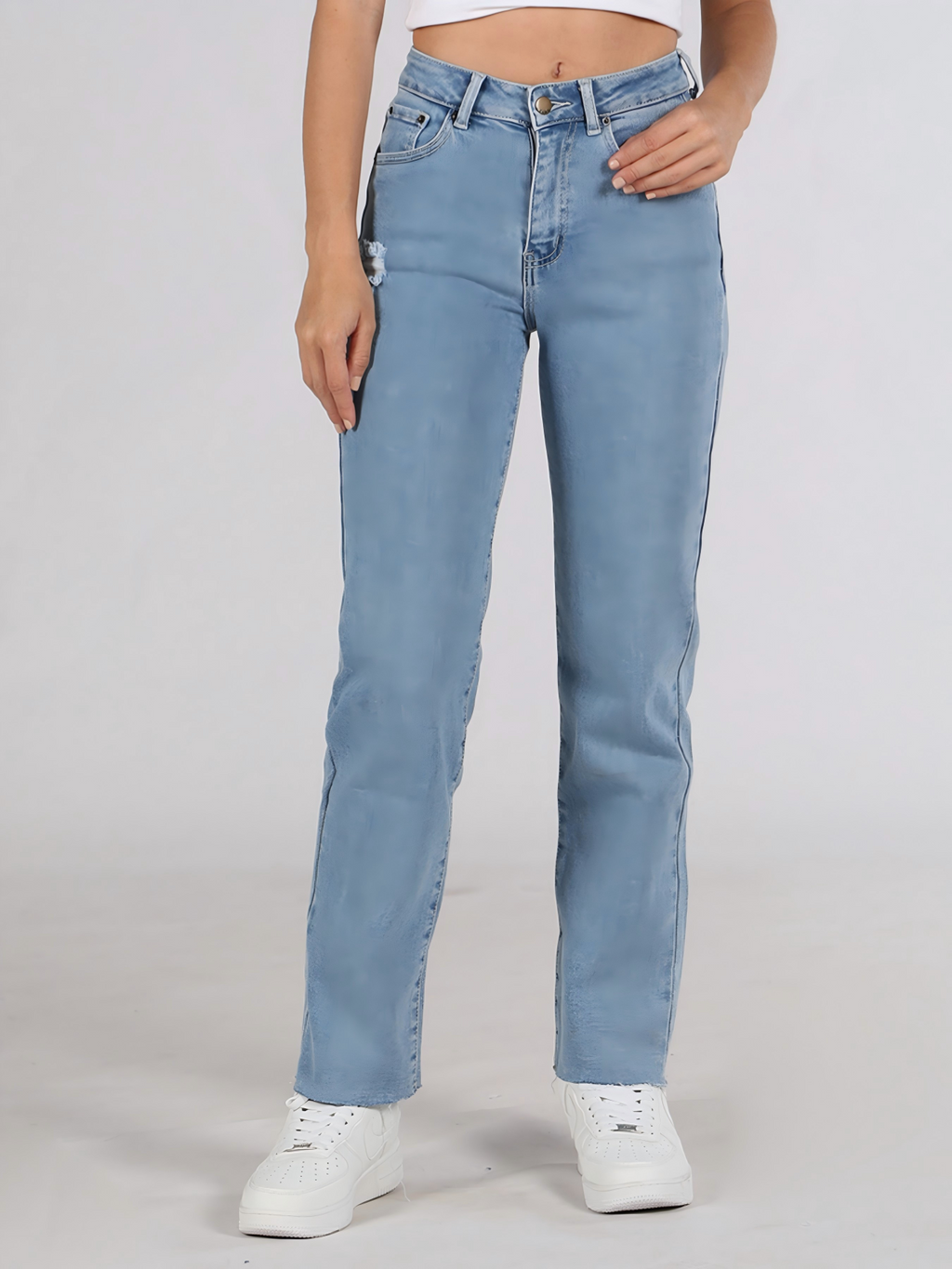 Women's High Waisted Straight Leg Jeans - Light Wash with Frayed Hem & Subtle Distressed Detail