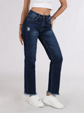 Women's High Waisted Straight Leg Jeans - Dark Wash with Frayed Hem & Distressed Detail