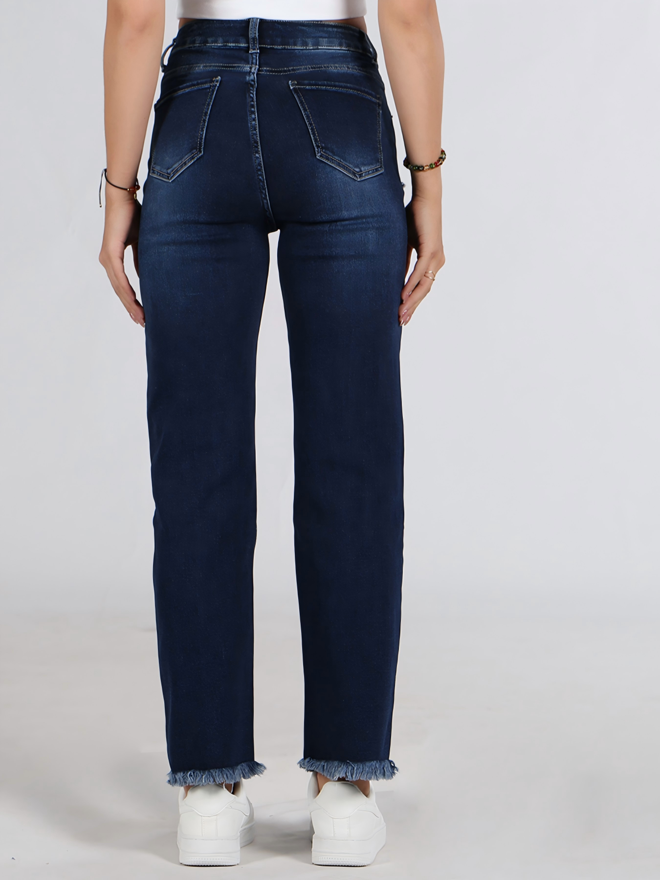 Women's High Waisted Straight Leg Jeans - Dark Wash with Frayed Hem & Distressed Detail
