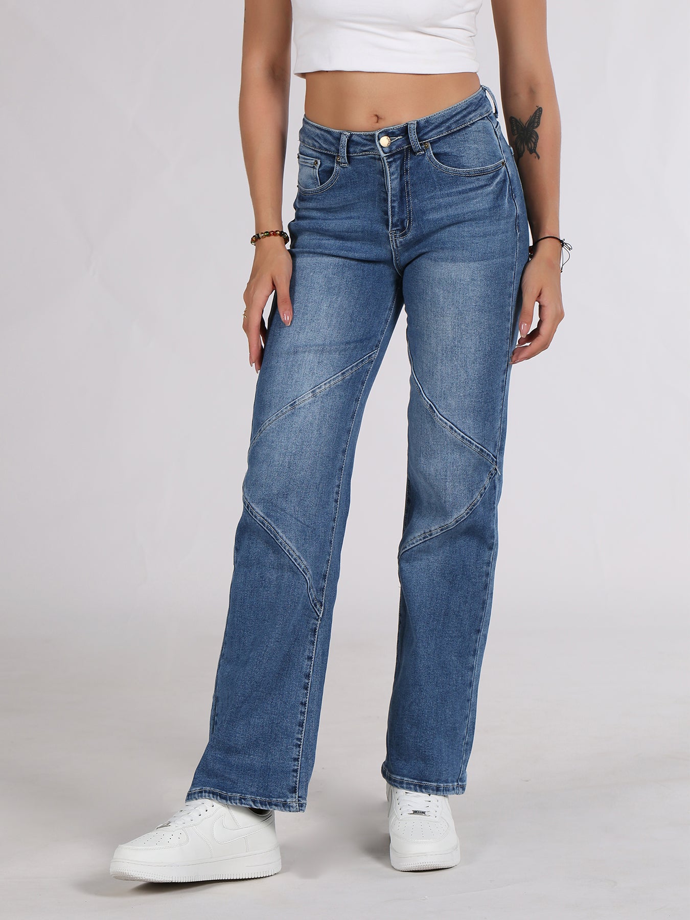 Women's High Waisted Jeans - Mid Blue Wash with Unique Diagonal Seam Detail