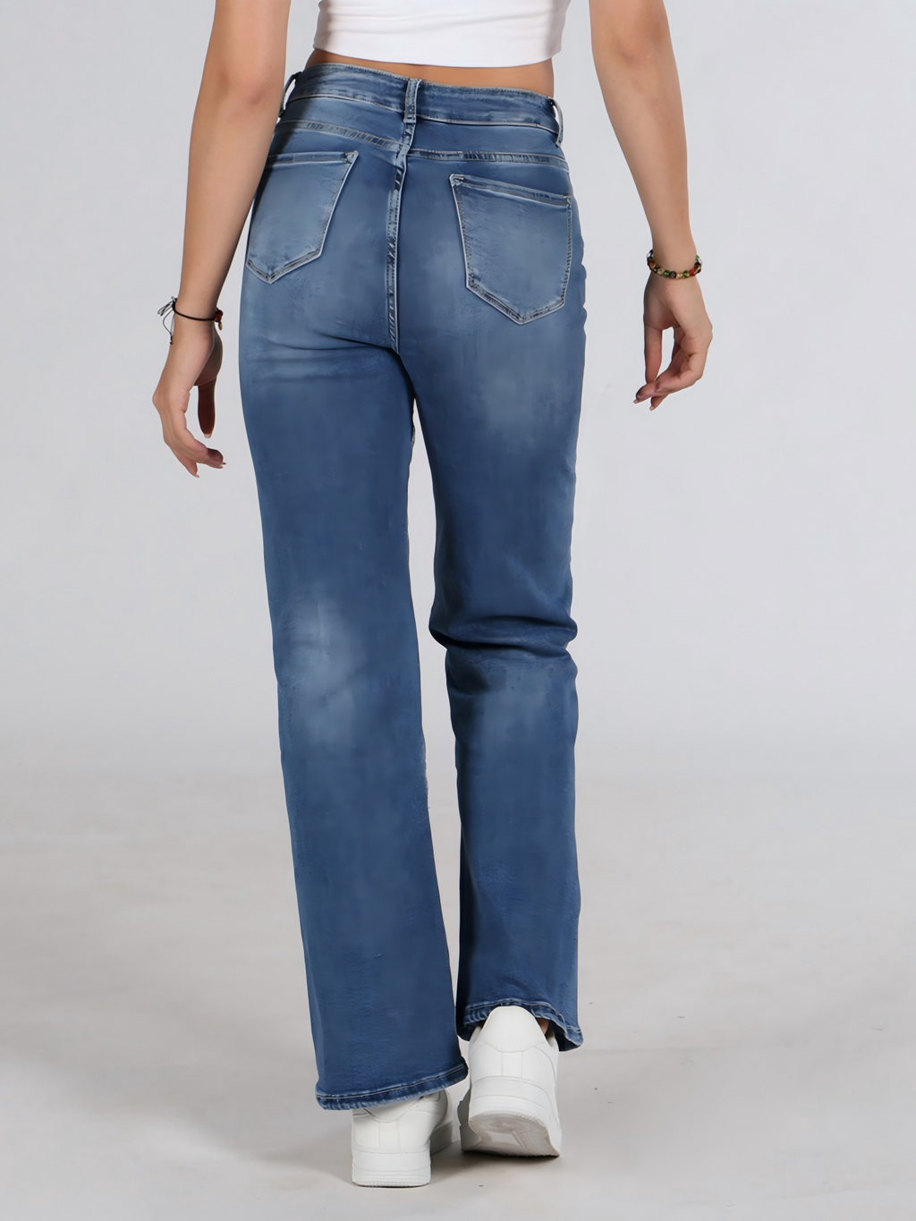 Women's High Waisted Jeans - Mid Blue Wash with Unique Diagonal Seam Detail