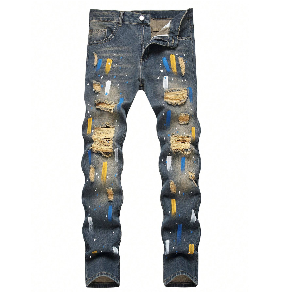 Men's Vintage Slim Fit Jeans - Dark Wash Distressed Paint Splatter Denim