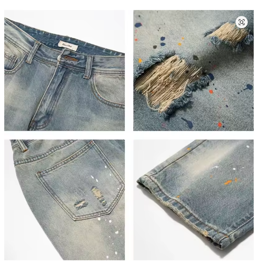 Men's Vintage Wide Leg Jeans - Light Wash Distressed Paint Splatter Denim