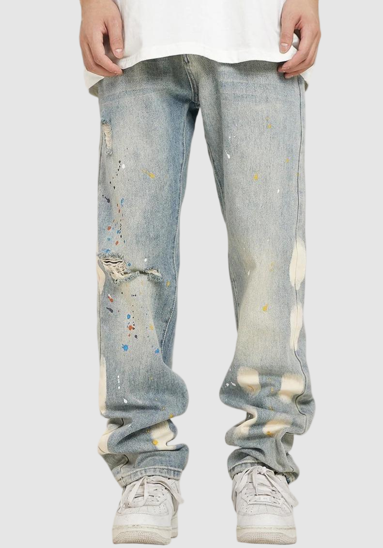 Men's Vintage Wide Leg Jeans - Light Wash Distressed Paint Splatter Denim