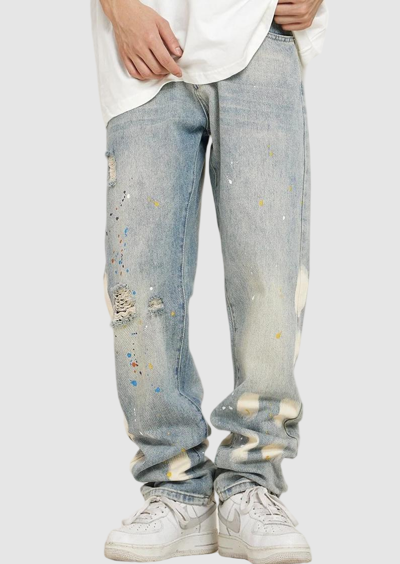 Men's Vintage Wide Leg Jeans - Light Wash Distressed Paint Splatter Denim