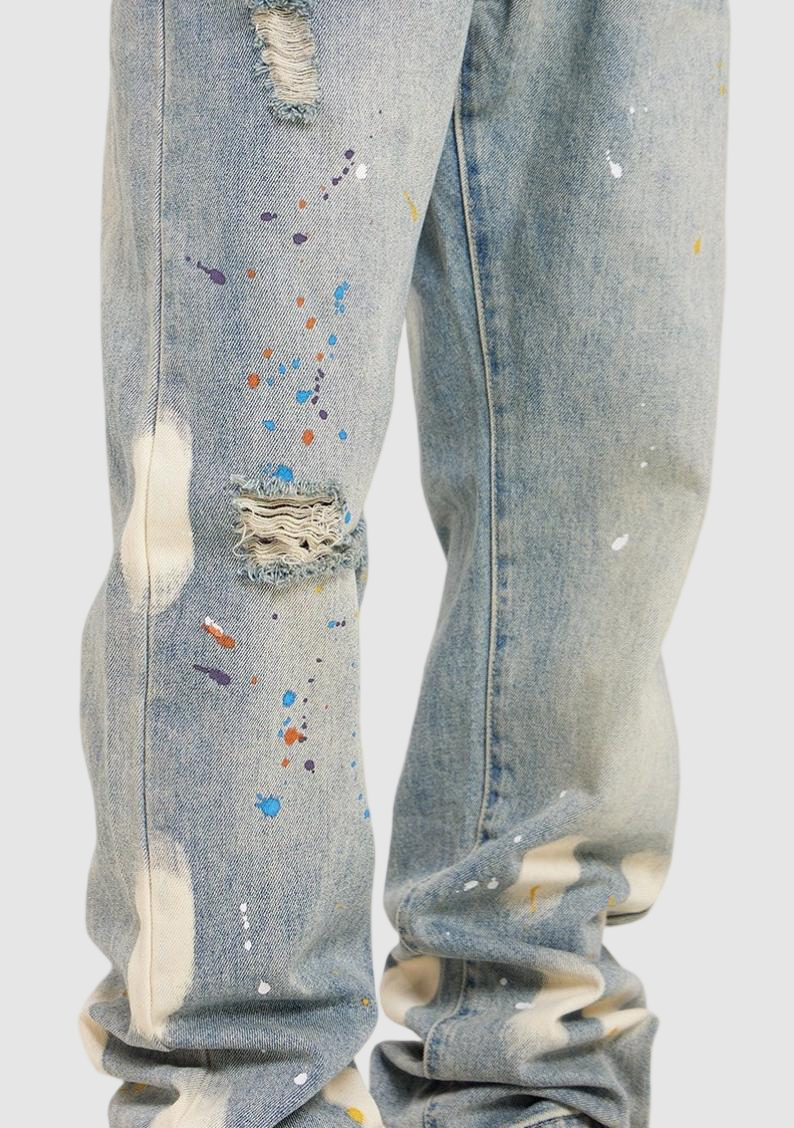 Men's Vintage Wide Leg Jeans - Light Wash Distressed Paint Splatter Denim