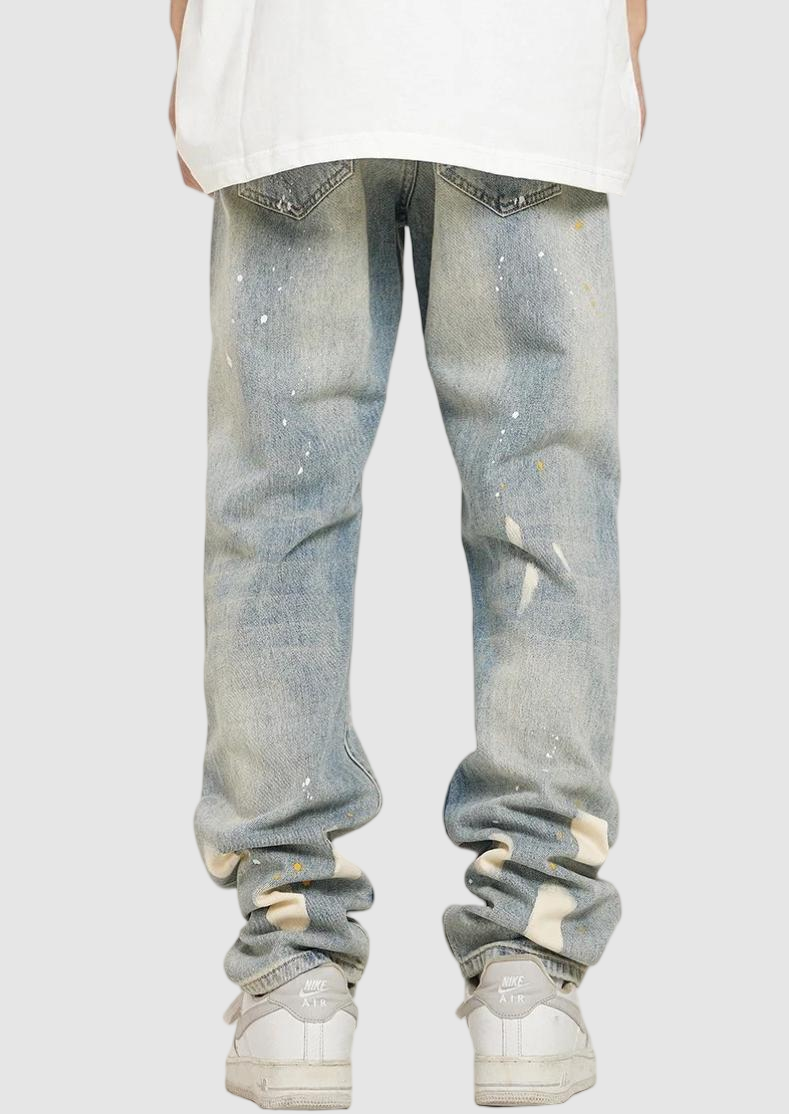 Men's Vintage Wide Leg Jeans - Light Wash Distressed Paint Splatter Denim