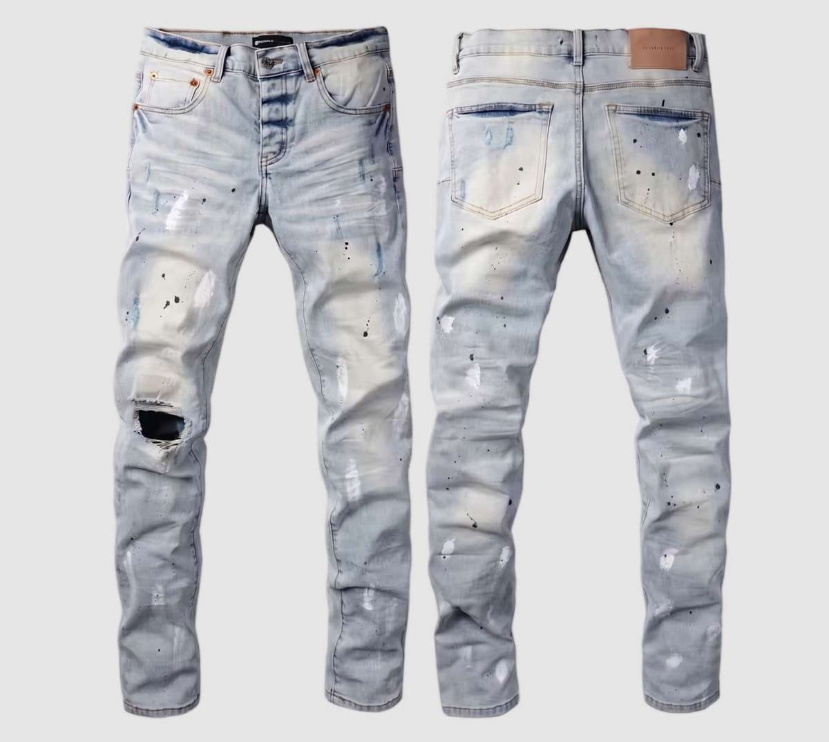 Men's Slim Fit Jeans - Light Wash Distressed Ripped Paint Splatter Denim