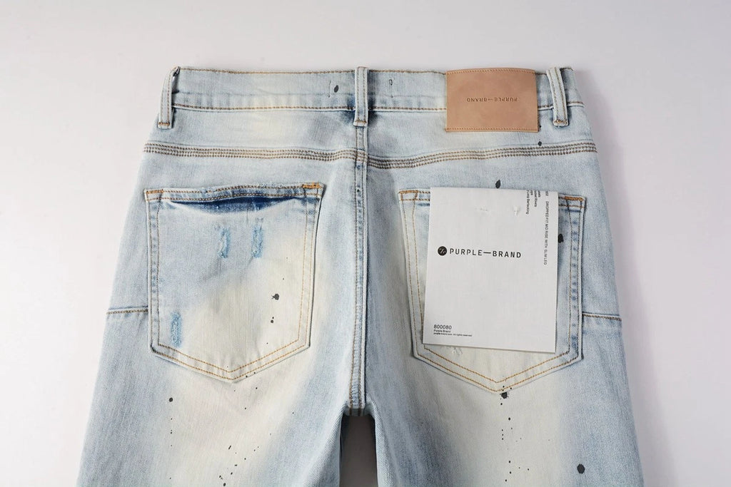 Men's Slim Fit Jeans - Light Wash Distressed Ripped Paint Splatter Denim