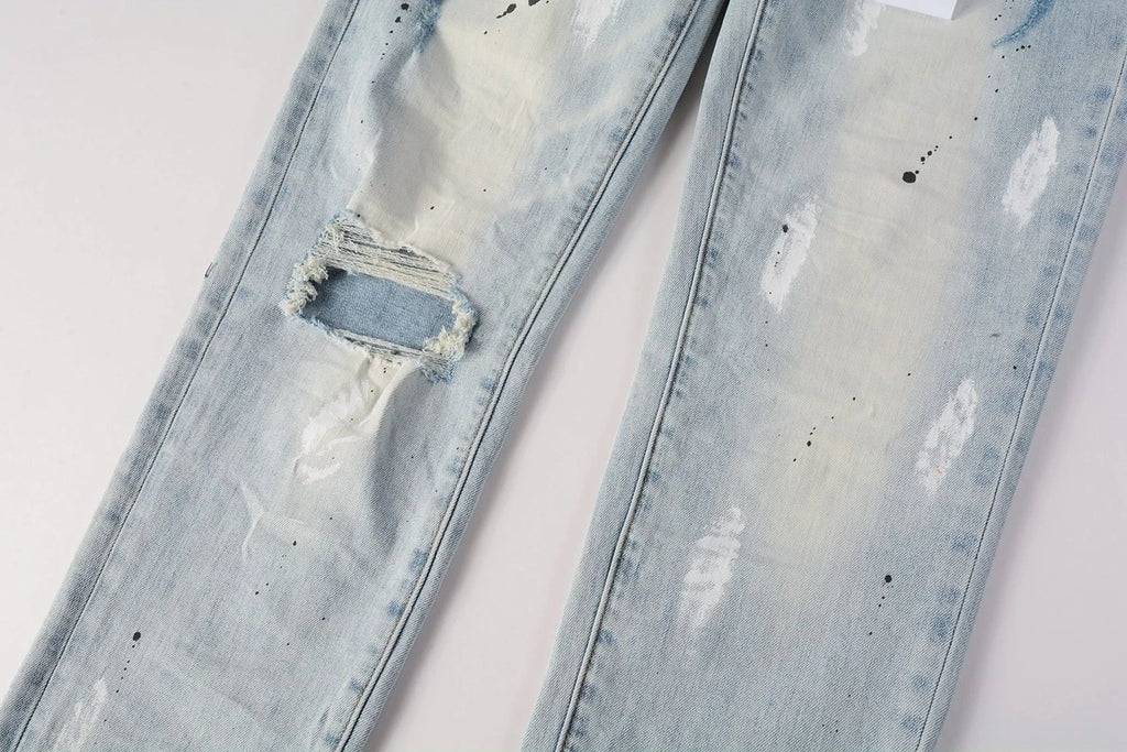Men's Slim Fit Jeans - Light Wash Distressed Ripped Paint Splatter Denim