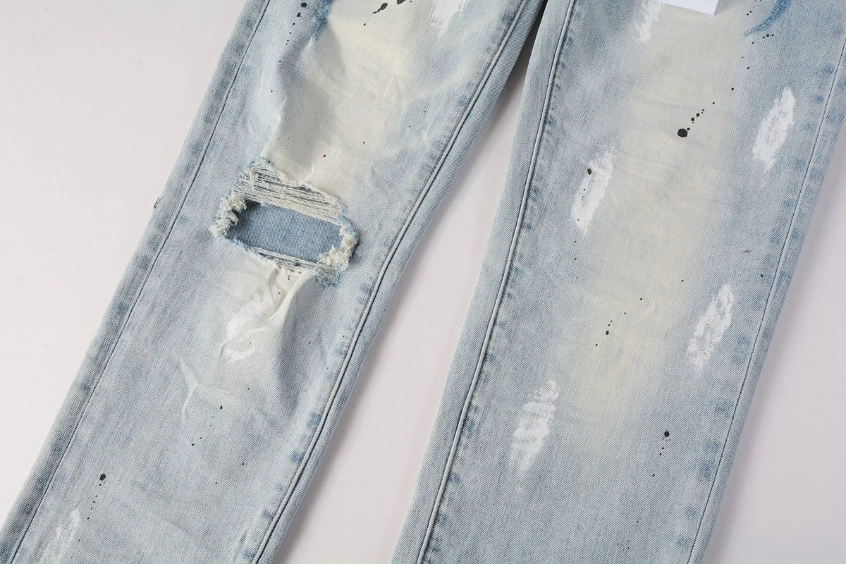 Men's Slim Fit Jeans - Light Wash Distressed Ripped Paint Splatter Denim