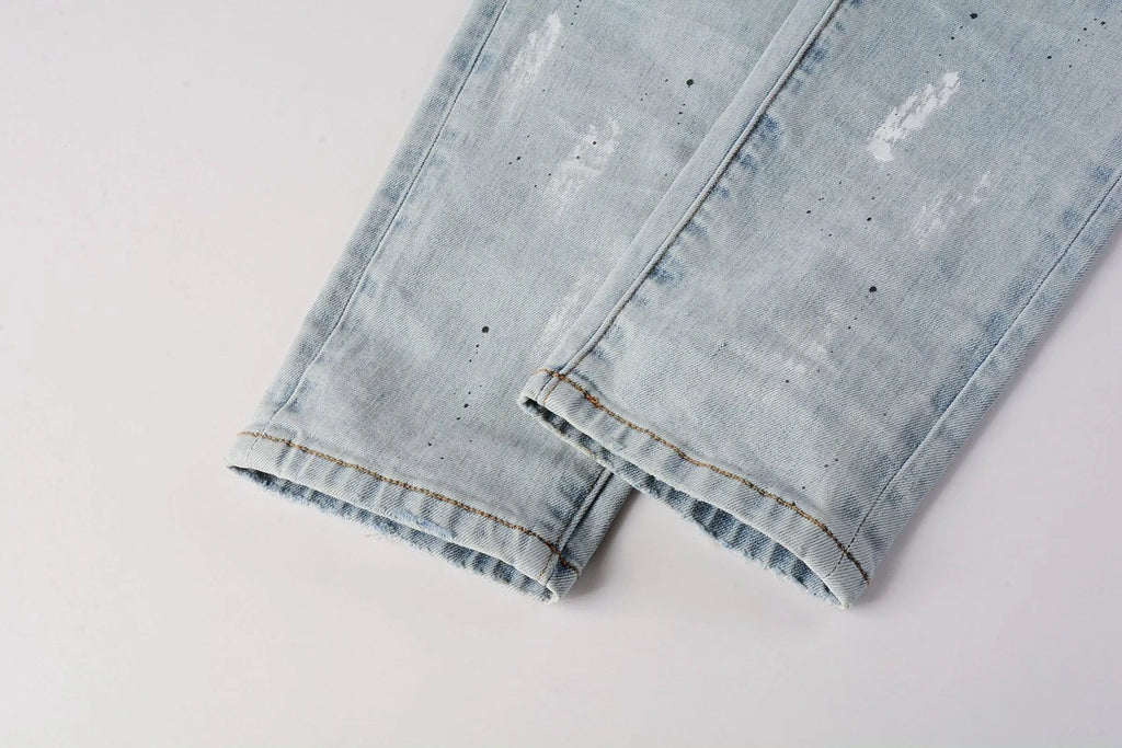 Men's Slim Fit Jeans - Light Wash Distressed Ripped Paint Splatter Denim