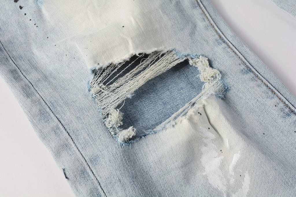 Men's Slim Fit Jeans - Light Wash Distressed Ripped Paint Splatter Denim