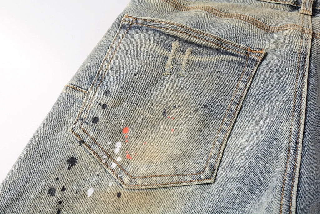 Men's Vintage Slim Fit Jeans - Distressed Paint Splash Washed Denim
