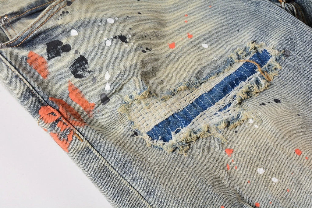 Men's Vintage Slim Fit Jeans - Distressed Paint Splash Washed Denim