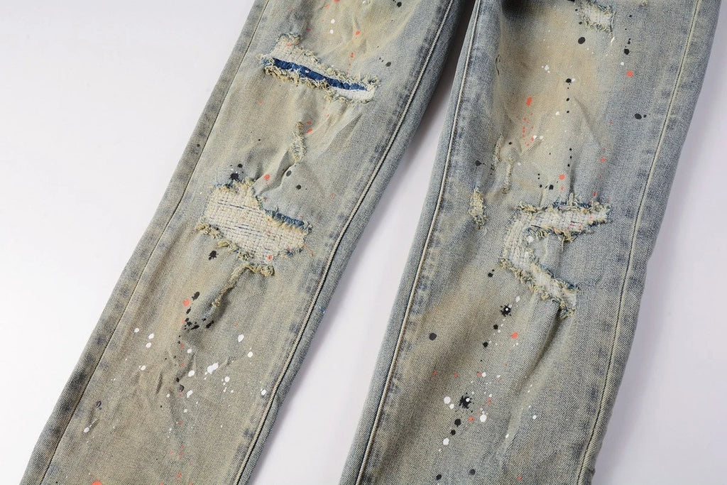 Men's Vintage Slim Fit Jeans - Distressed Paint Splash Washed Denim